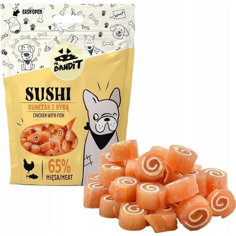 MR.BANDIT SUSHI CHICKEN gardums suņiem Rullīši ar vistu un zivīm 500g